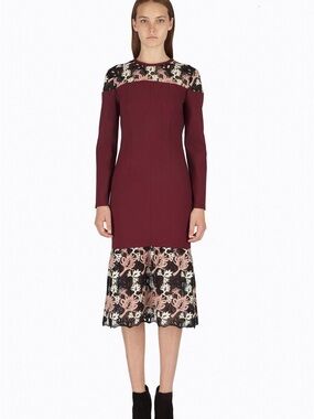 Yigal Azrouel Embroidered Lace Trim Midi Dress Burgundy